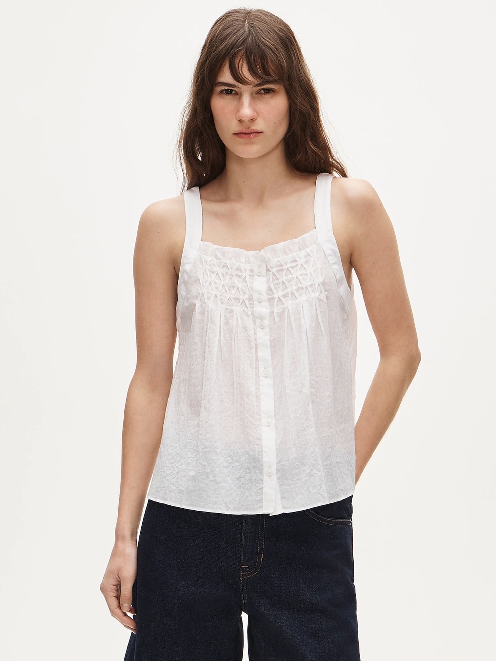 J. Crew White Smocked Crinkle Tank Top